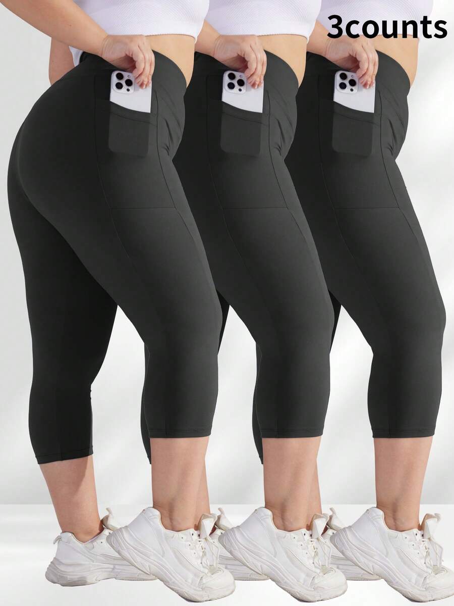 3 Packs Capri Leggings With Pockets High Waist Cropped Trousers Yoga Pants For Women Running Active 3/4 Length Leggings For Workout Exercise & Fitness Plus Size Solid Black - 3黑 - 查看 1
