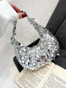 1个绗缝拉链PVC亮片新月形手提包，时尚设计亮片托特包，女士晚宴派对时尚手拿包，容量大，闪亮亮片包，适合女士参加宴会和派对，亮片 - 銀色 - 查看 8