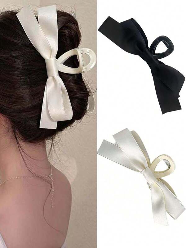 Elegant Women's Hair Clip, Oversized Black Satin Bow Barrette, Sweet French Style Accessories For Daily Outfits Fashion Hair Accessories Beauty Claw Clips Elegant Hair Claw