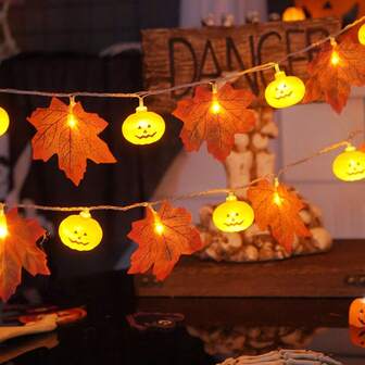 1 String Of 5-Battery Powered LED Simulated Maple Leaf & Pumpkin Lights, Suitable For Thanksgiving, Halloween Decor, Applicable For Yard, Garden, Corridor, Window - 1.5m Length With 10 Lights Or 3 Meters Length With 20 Lights