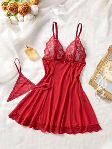 Women's Solid Color Mesh Contrast Lace Sheer Sexy Slip Nightgown - Burgundy - View 2