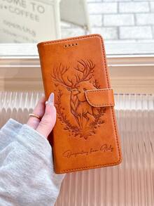 Lucky Deer Embossed PU Leather Flip Cover Phone Case, Shockproof, Kickstand, Card Slot Wallet Style, Compatible With IPhone 6/7/8/XS MAX/11/12/13/14/15/16/17 Pro Max, Galaxy S22/S23/S24 Ultra/S25 Ultra, A05S/A14/A15/A25/A34/A35/A53/A54/A55/Note20 Ultra Series, Redmi, Infinix - Black - View 8