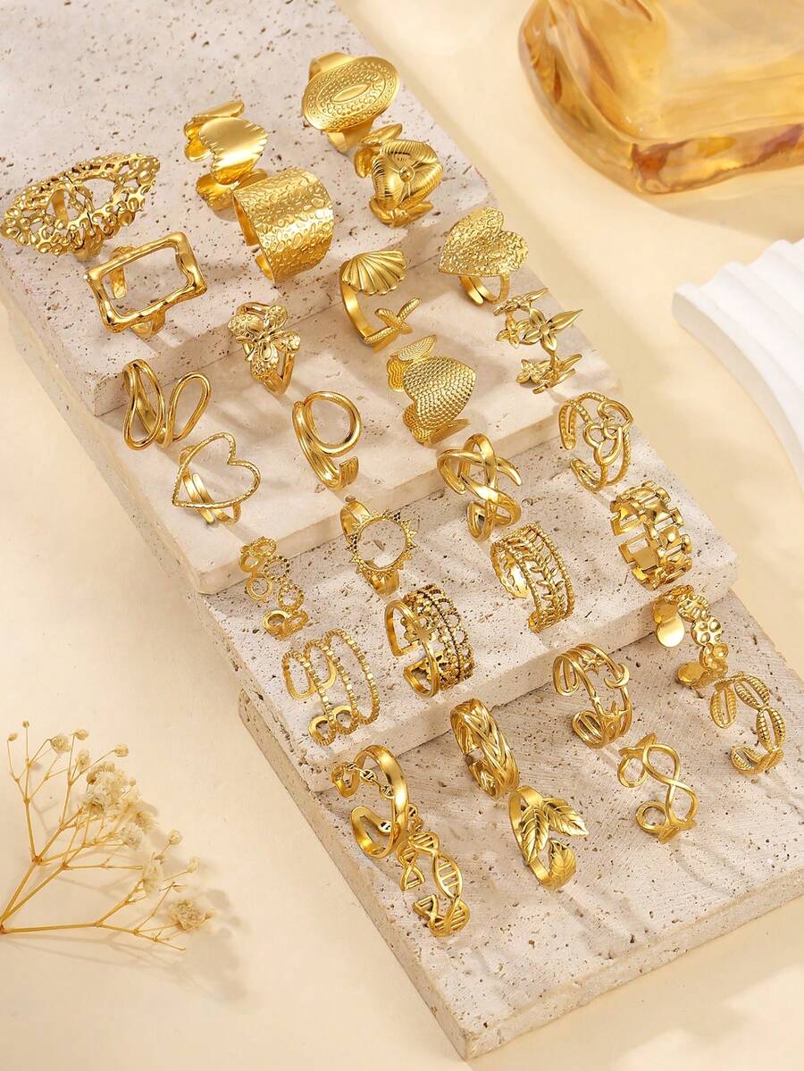 6/16/12/24件不锈钢金色几何图案混合优质戒指套装，款式随机发货，尺寸可调，适合女性日常装饰或送礼 - 金黃色 - 查看 1