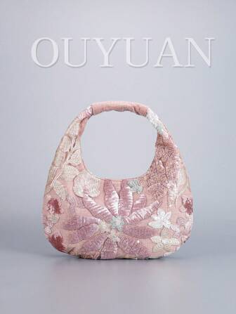 Nuevo bolso de mujer en forma de media luna bordado con lentejuelas, bolso de mano con flores de lentejuelas exquisitas, bolso de embrague de lentejuelas de moda simple, bolso de cena con brillo, adecuado para fiestas, bodas, regalos, cruceros, citas, vacaciones. (Patrón aleatorio)