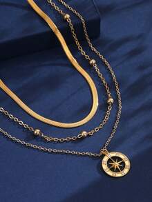 Stunning Copper Round Hollow Star Sun Inlaid With Shining Cubic Zirconia Pendant, With Stainless Steel Gold Wire Wide Flat Blade Chain Layered Design Necklace, Suitable For Women's Beach Party Wear - 金黃色 - 查看 4