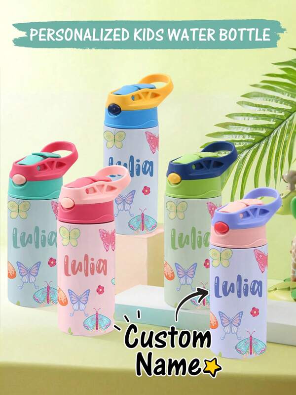 1pc Custom Back To School Supplies Water Bottles, Personalized Name Kid Stainless Cup With Silicone Straw, 12oz - 350ml, Unicorn, Butterfly, Space, Engineering Vehicle Theme, Pink, Green, Blue, Purple, 5 Colors Available, Insulated Cup,Kids,Gala Night,Back To School Fashion