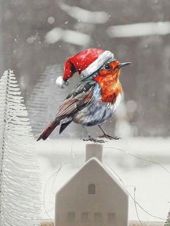 可爱的圣诞帽和小鸟装饰窗户/墙贴，适用于卧室、客厅、玄关、宿舍、家居