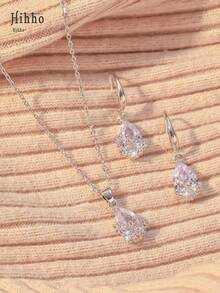 Hihho 3pcs/Set Stainless Steel Chain Necklace, Women Jewelry Transparent White Zirconia Inlaid Water Drop Pendant Necklace And Earrings, Fashionable Minimalist Water Drop Design, Suitable For Daily Wear, Holiday And Date Gift - Silver - View 3