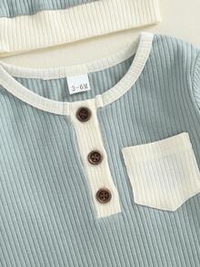 Baby Boy Fall Romper Contrast Color Ribbed Long Sleeve Round Neck Full Length Jumpsuit With Hat Newborn Fall Clothes - Sky Blue - View 6