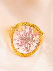 1pc Gold Hollow Exaggerated Design Round & Heart Shaped Flower Decor Titanium Steel Adjustable Open Ring, Suitable For Banquets And Gifts