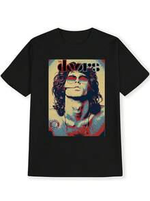 Men's Jim Morrison Graphic-Shirt - Vintage Rock Band Print Short Sleeve Tee, Black Regular Fit Casual Summer Top, Washable, Rock And Roll Shirts, Everyday Clothing, Bold Design Apparel, Lightweight Fabric, Comfortable Fit Shirt - 黑色 - 查看 3
