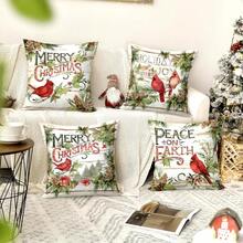 4pcs/280pcs Christmas Theme Pillow Covers, Green Leaf & Red Bird Pattern, Suitable For Christmas Living Room Bedroom Sofa Decor, 45x45cm Pillow Covers, Christmas Party Decoration, Christmas Party Restaurant Decor, Party Atmosphere Decoration, Without Pillow Insert, Suitable For Daily, Holiday, Party - Green Leaves Cardinal - View 3