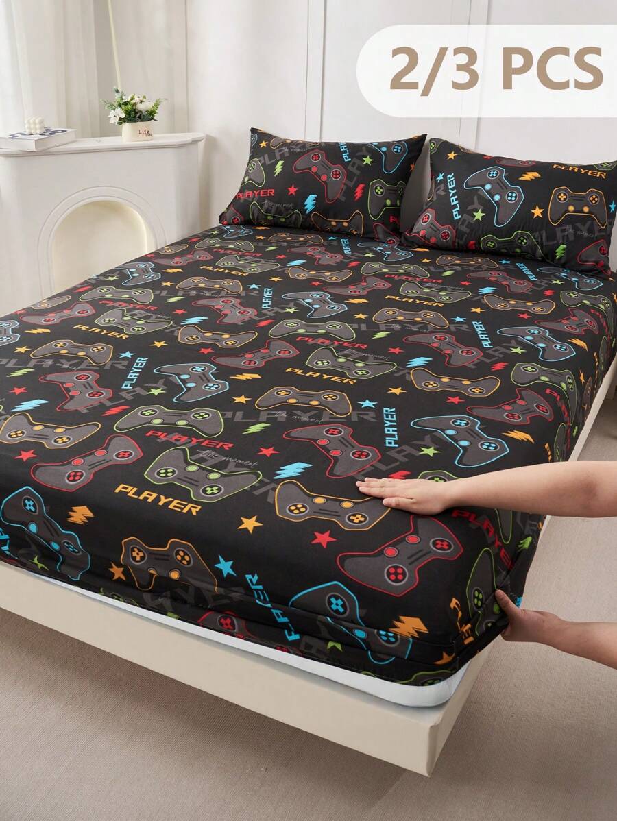 2/3pcs Printed Fitted Sheet Set, Bedding, Bed Sheets Set, Christmas Decorations, Soft And Comfortable Bedding, Skin-Friendly Bed Cover Set, Hallowen Decor, Fall Decor, Mattress Protector For Bedroom, Room Decor, For All Season, Fits Twin Full King Queen Size Bed, 1 Fitted Sheet And 2 Pillowcases, Machine Washable