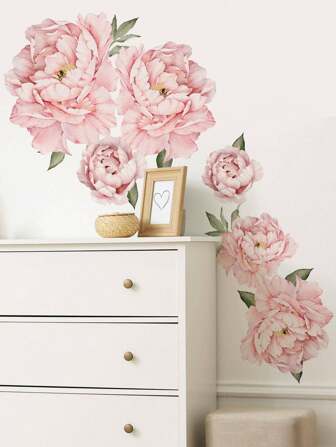 ملصق حائط زهرة البيونيا الوردية، ديكور منزلي إبداعي