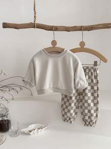2pcs/Set Baby Boy Casual Solid Color Crew Neck Long Sleeve Sweatshirt And Checkerboard Long Pants, Spring/Autumn - Apricot - View 6