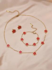 4pcs Stainless Steel 5-Petal Flower Jewelry Set: 1pc Necklace + 1pc Bracelet + 2pcs Earrings, Elegant Fashion Accessories For Women Valentines,Mom,Mother,Mother's Day,Gift