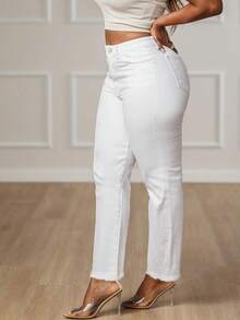 Plus Size White Denim Straight Leg Jeans With Raw Hem And Pockets High Stretch Long - 白色 - 查看 1