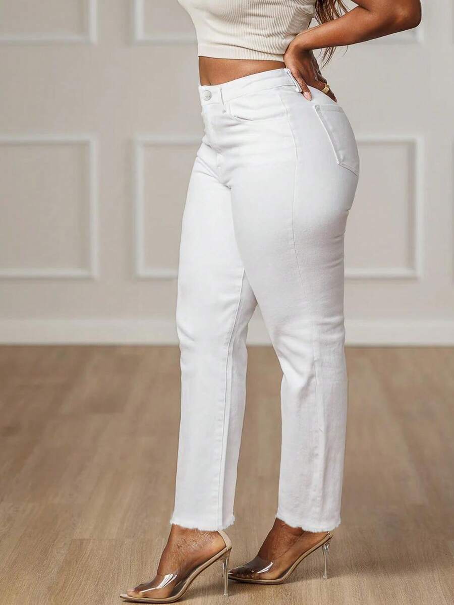 Plus Size White Denim Straight Leg Jeans With Raw Hem And Pockets High Stretch Long - 白色 - 查看 1