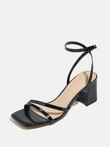 女士高跟凉鞋，适合派对、户外旅行、时尚、宴会、粗跟、方头、派对、度假、奢华、性感 PU 皮革、绑带、石纹、舒适材质、性感交叉绑带、优雅、优美、迷人、黑色、优雅高跟凉鞋