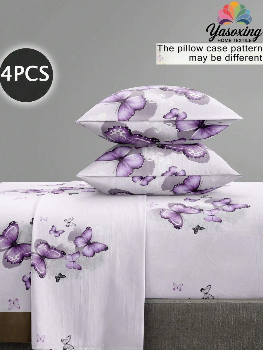 4 件套浅紫色蝴蝶图案床单套件，易于护理超细纤维柔软床上用品套件，花卉床笠套件（1 件床单+1 件床笠+2 个枕套）床笠套件，特大号双人床，全尺寸床单，深口袋，最大 11.8 英寸枕套，柔软透气防皱，更适合睡眠，豪华酒店风格，送给妈妈爸爸朋友的礼物，宿舍床上用品，返校床上用品 - 紫色 - 查看 1