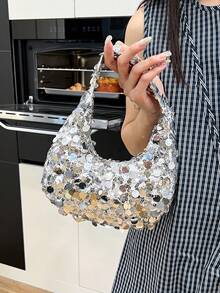 1个绗缝拉链PVC亮片新月形手提包，时尚设计亮片托特包，女士晚宴派对时尚手拿包，容量大，闪亮亮片包，适合女士参加宴会和派对，亮片 - 銀色 - 查看 5