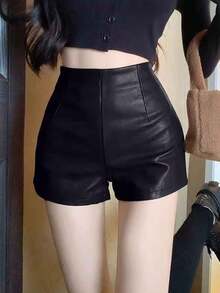 PU pantalones cortos de las mujeres verano / otoño picante chica de cintura alta delgada pantalones ajustados calientes - Negro - Ver 4