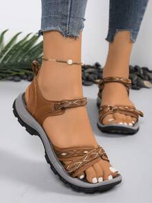 Women's Outdoor Sandals Beach Shoes, Contrast Color Strap With Hook And Loop, Massage Footbed, Dual-Color Anti-Slip Durable Outsole, Sports Sandals - Camel - View 4