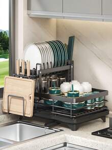 1 件碗碟晾干架，节省空间的碗碟架，厨房台面碗碟架，不锈钢厨房碗碟晾干架，带餐具架，碗碟、刀、勺子和叉子的架子 - 黑色 - 查看 7