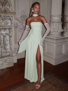 Elegant Sexy Strapless High Slit Flowy Evening Dress, Party Gown - Green - View 5