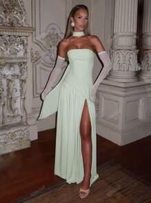 Elegante vestido de noche con abertura alta, sin tirantes y fluido, vestido de fiesta