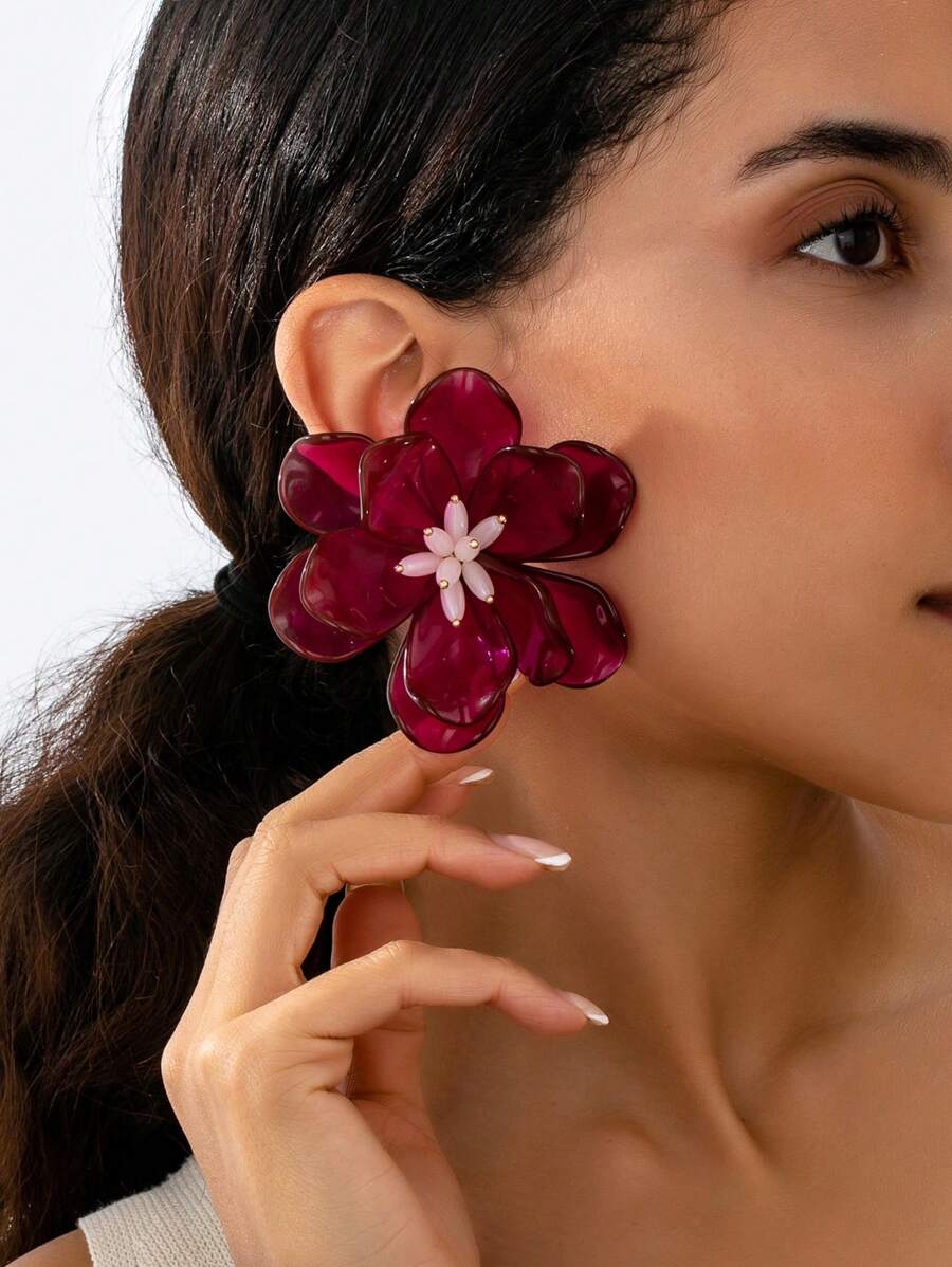 1pc Exaggerated Handmade Beaded Floral Earrings, Dimensional Camellia Flower, Burgundy, Personalized, Party, Y2K Style