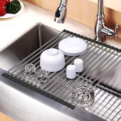 Multifunctional Kitchen Sink Dish Drainer Rack With Dish Drying Mat, Foldable Stainless Steel Dish Drain Roll Up Rack