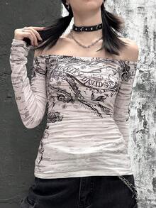 Rikumo 女士休闲时尚Y2K街头风印花修身长袖上衣（冬季款） - 彩色 - 查看 3