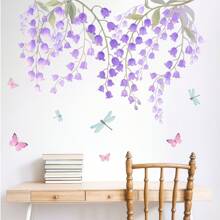 2 件紫色花卉藤蔓和蝴蝶墙贴，装饰性自粘壁画，适用于客厅、入口、卧室