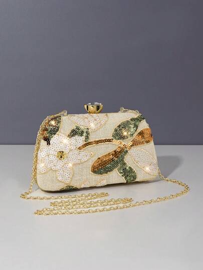 1个新款花卉图案女士手提包，2025新款复古香槟色亮片刺绣花朵链条晚宴包，适合派对女孩、新娘、新婚夫妇和上班族女性，派对、婚礼，迷你盒包（图案随机），适合工作、商务旅行、外出、通勤，亮片