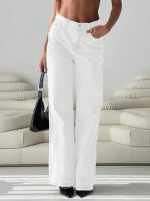 Women's Straight Leg Denim Pants - Elegant Wide Leg Floor-Length Jeans With Button & Zipper, Relaxed Fit Casual Trousers For Everyday Outings - 白色 - 查看 2