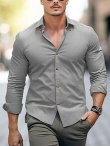 Men's Simple Solid Color Shirt, Versatile Long Sleeve Shirt For Daily Commute, Men's Business Single-Breasted Long Sleeve Shirt - Grey - View 6