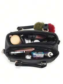 简约纯色双层大容量PU皮毛球装饰带钱包女士手提包，商务休闲女士单肩手提包，适合女性、职场新人和白领人士的母亲节礼物，非常适合工作、商务、通勤、上学