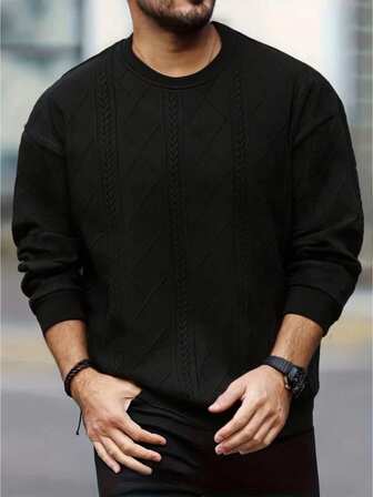 סווטשירט לגברים עם צווארון עגול, חולצה וינטג' קז'ואלית, גופייה עם בטנה, סתיו, חולצה עם שרוולים ארוכים