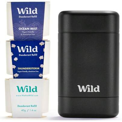Wild - Mens Natural Refillable Deodorant Starter Kit - Black Case With Fresh Cotton & Sea Salt, Ocean Mist & Thunderstorm Scents - Long Lasting Protection - Aluminium Free - Vegan & -Friendly