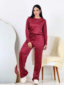 Women's Winter Set: Wide Leg Pants And Long Sleeve Suede Top, Elegant And Comfortable - 紅木色 - 查看 2