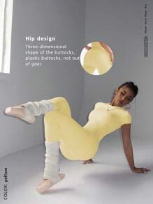 FWH 1. 可爱纯色露脐上衣，弹力修身圆领甜美时尚百搭外套，优雅高腰显瘦休闲收腹日常基础款舞蹈服拉长腿部线条提臀街头跑步瑜伽两件套，春夏款 - Butter Yellow - 查看 10