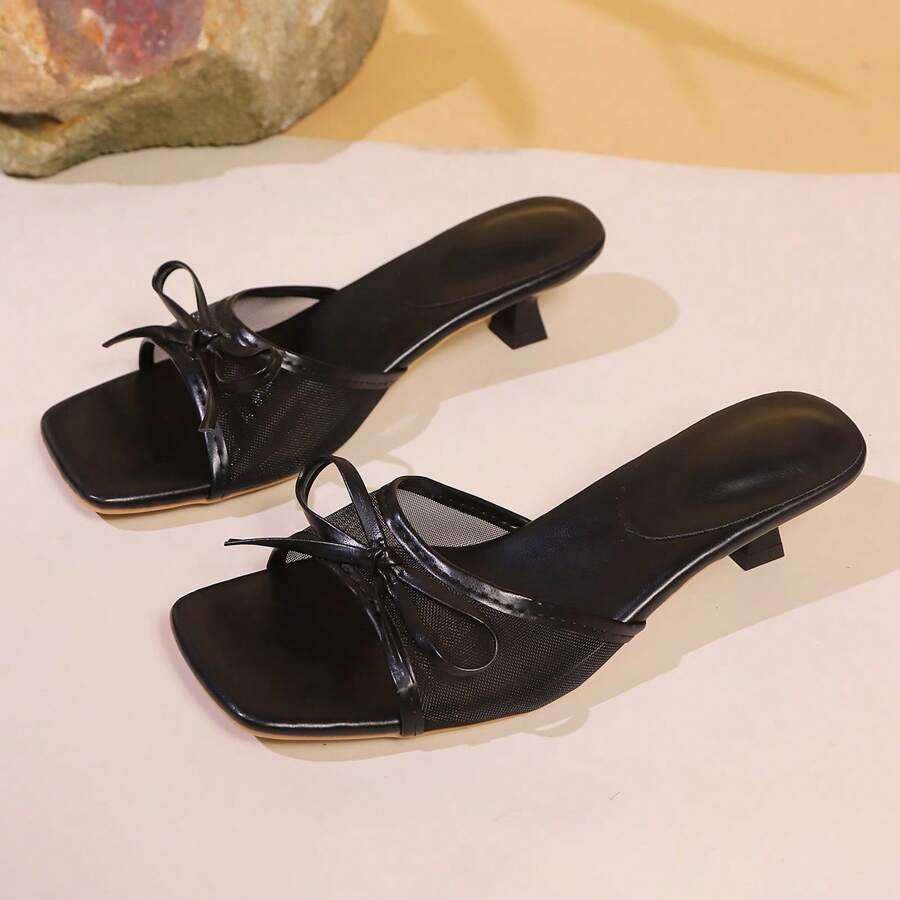 Women's Elegant High Heel Sandals, Solid Color PU Leather & Mesh Combination Design, High Heeled Dress Sandals For Beach, Party, Outdoor In Summer