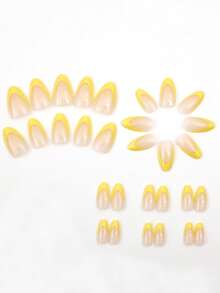 30片/套 短款杏仁黄色法式时尚全覆盖美甲贴纸，压敏设计，适合美甲、办公、派对和日常佩戴。全覆盖美甲贴纸+1瓶甲油胶+1把指甲锉，装饰您的指甲，提升您的时尚品味。美甲用品 - 彩色 - 查看 2