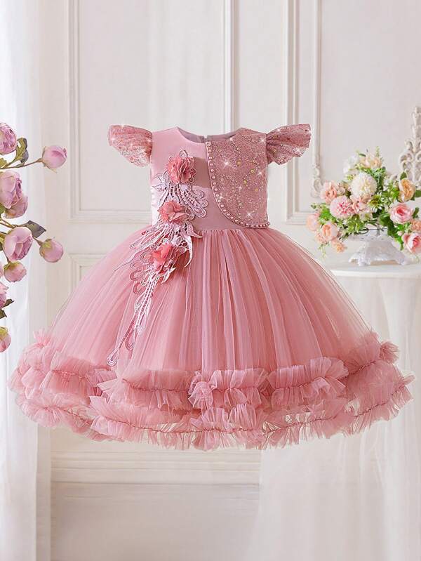 Elegant Flower Girl Dress With 3D Floral, Faux Pearl, Satin & Mesh Panels, Suitable For School Performance, Party, Birthday, Excluding Hair Accessories
