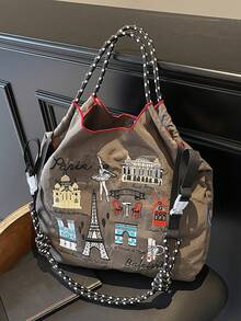 小众设计刺绣手提包，轻便易携大容量购物袋，时尚复古撞色手提包，可调节肩带斜挎包，适合日常购物和通勤上班。 - 灰色 - 查看 10