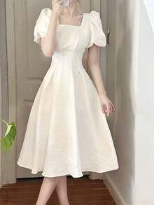 Vestidos midi para mujer,Mujer de la cintura delgada Temperamento vestidos de manga corta - Blanco - Ver 2