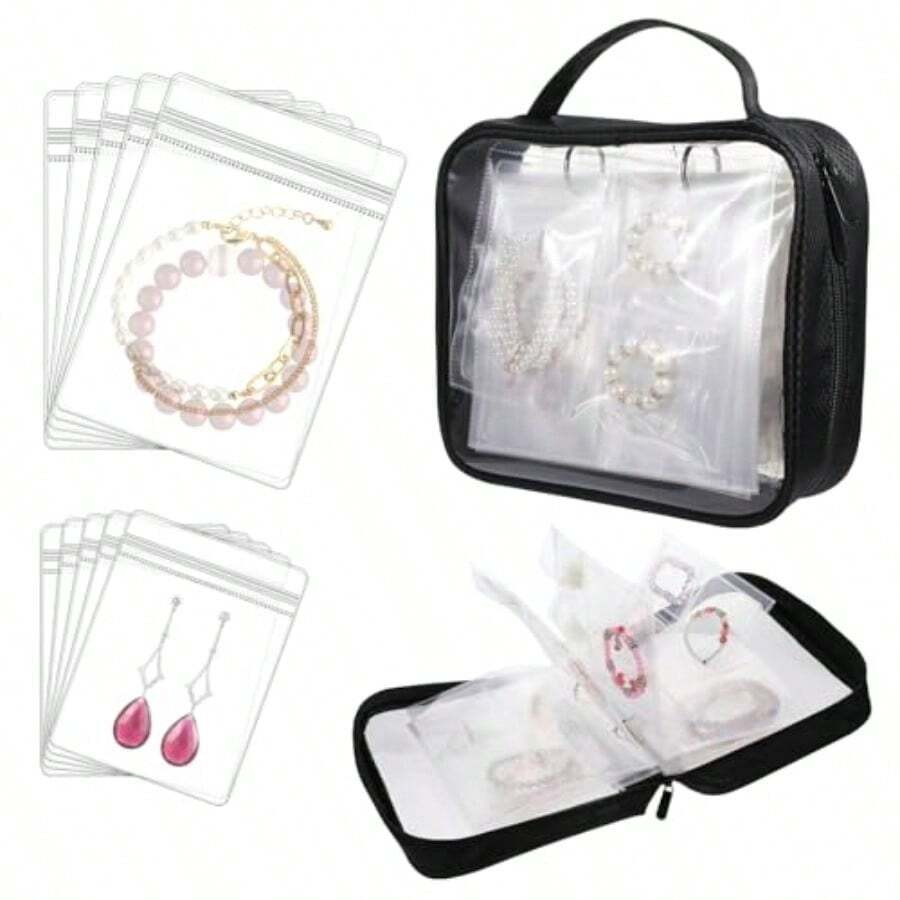 FjcPrasacco Transparent Jewelry Storage Bag Travel Jewelry Organizer Case With 24 Large 48 Small Clear Zipper Pouches Portable Large Capacity Storage Book For Earrings Rings Necklaces Braceletsyq - 如圖 - 查看 1