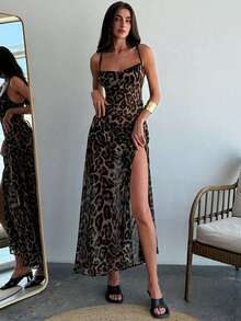 Women's Sexy Elegant Leopard Print Dress For Daily Wear, Open Back And Design, Cross Back And Spaghetti Straps, Sexy Leopard Print And Ruched Waist - 棕色 - 查看 5