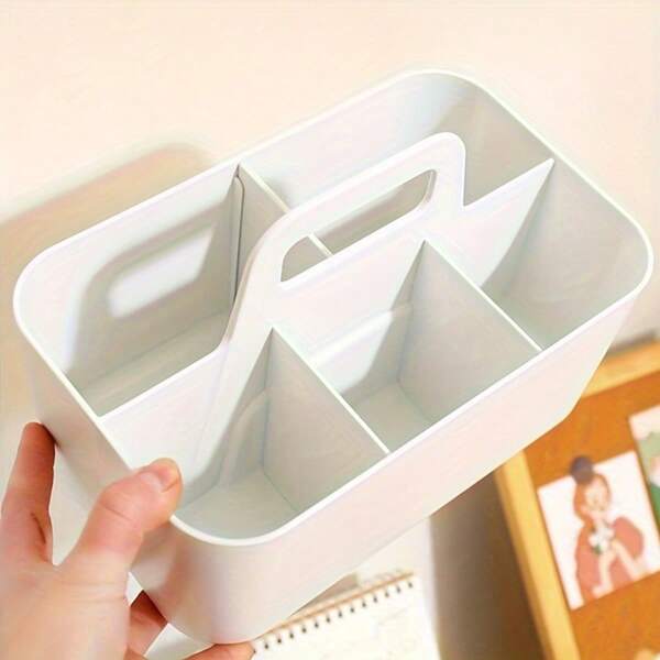 1pc Plastic Storage Basket With Handle, Portable Pencil & Stationery Organizer Box With 5 Compartments, Suitable For Home, Bedroom, Living Room, Classroom, Arts & Crafts